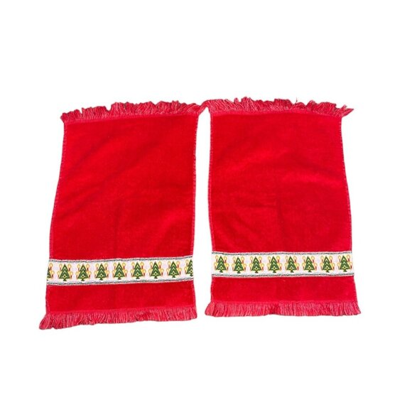 Set of 2 Vintage Fieldcrest Christmas Hand Towels Set Red Trees Holiday Decor - Picture 2 of 7